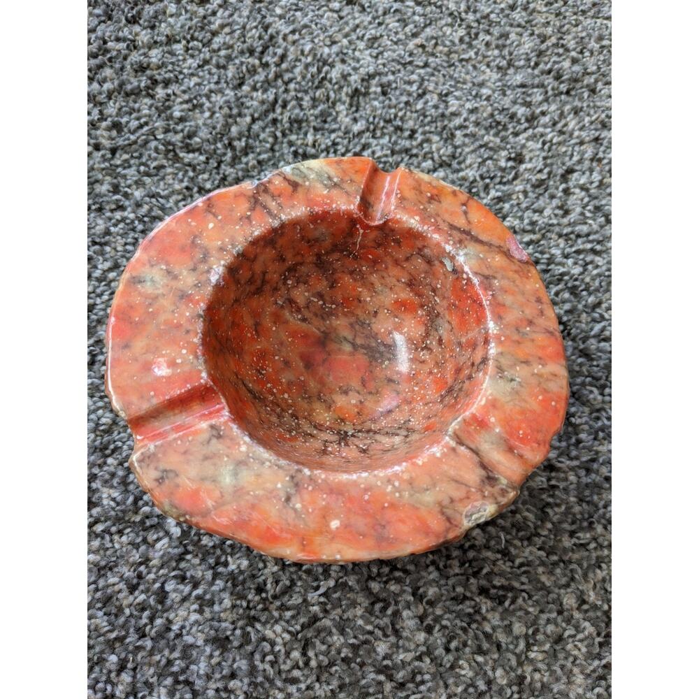 Vintage Genuine Alabaster Ashtray Made in Italy Hand Carved Red Orange 1950s